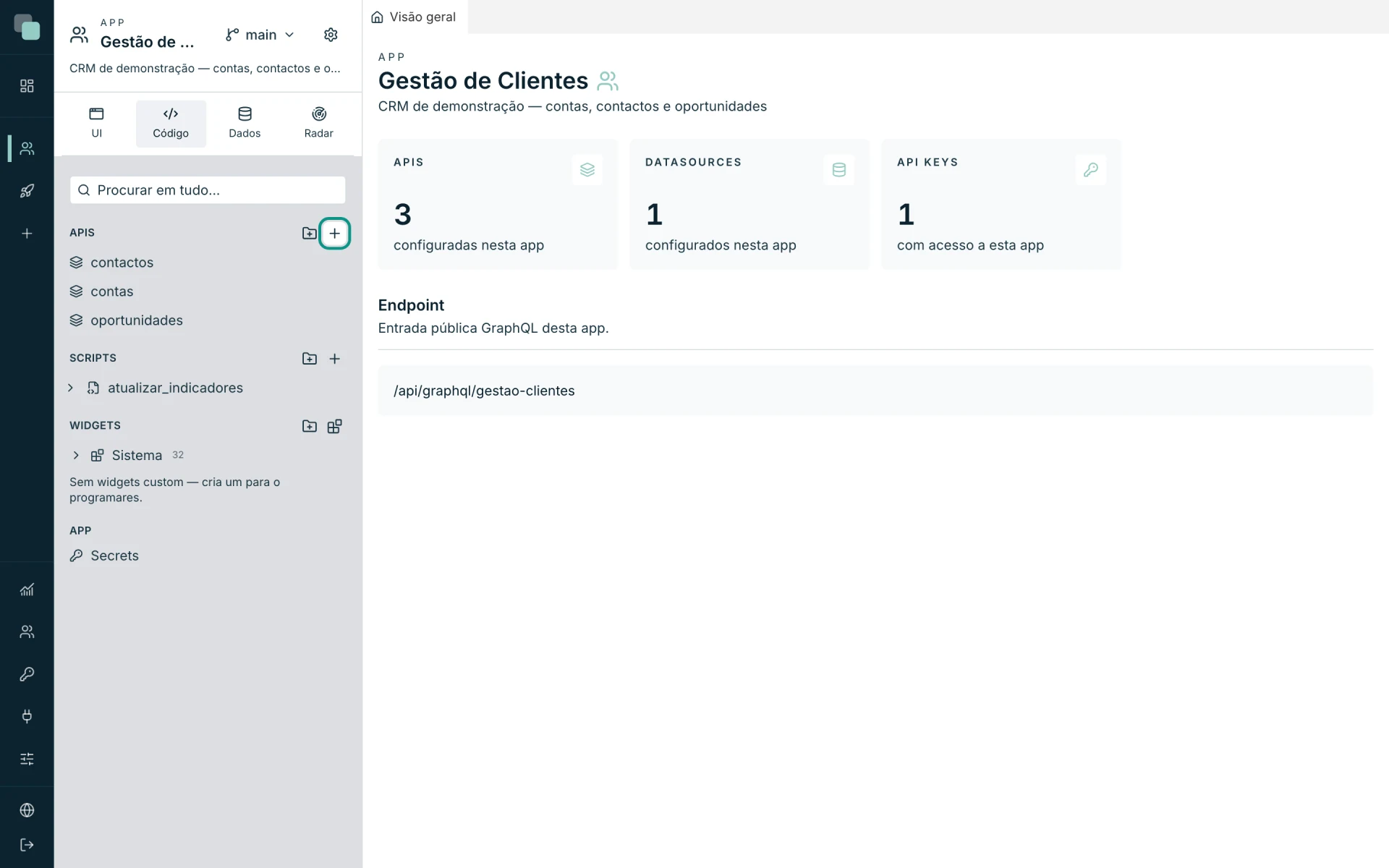 API area of a KEPLIN application with GraphQL endpoint and available operations.