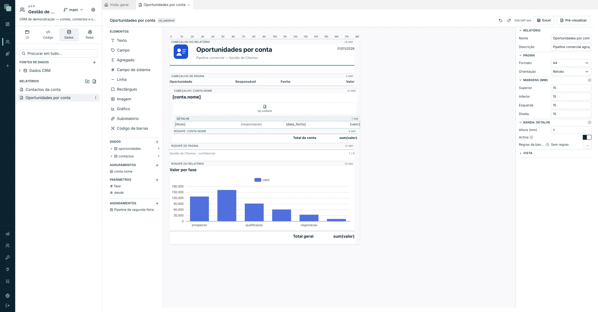 Visual designer of KEPLIN reports with bands, data and properties.