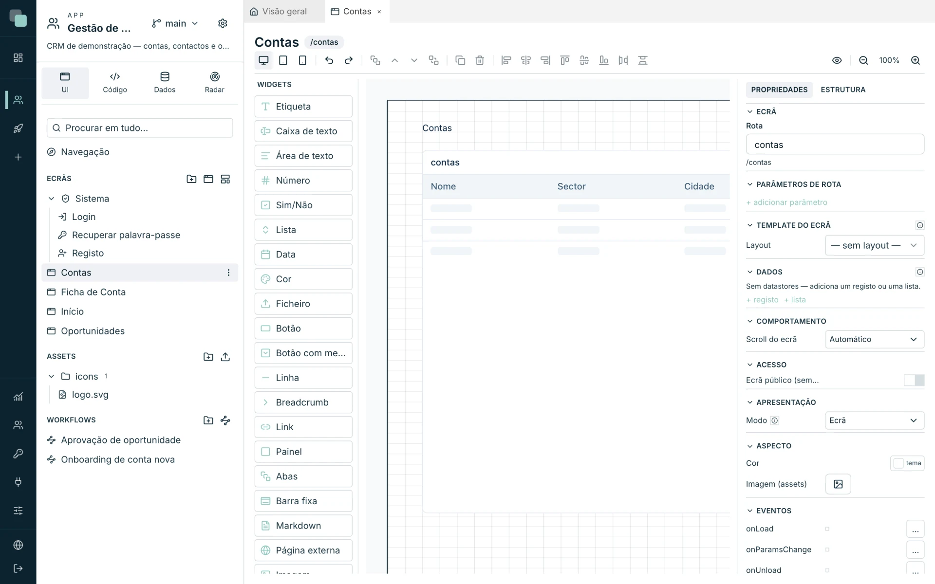 KEPLIN visual editor with widget palette, application canvas and property panel.