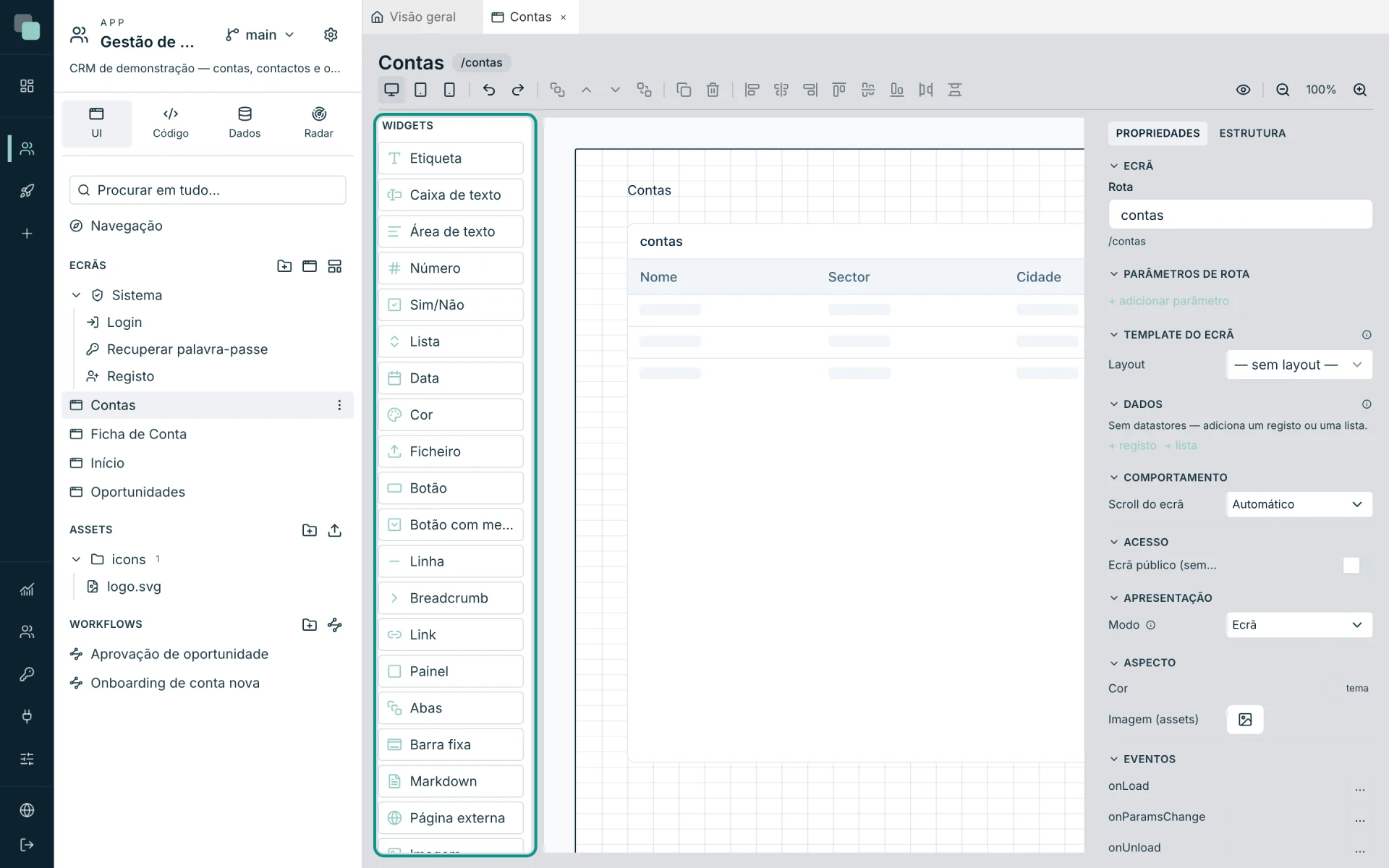 KEPLIN widget library available in the visual constructor.